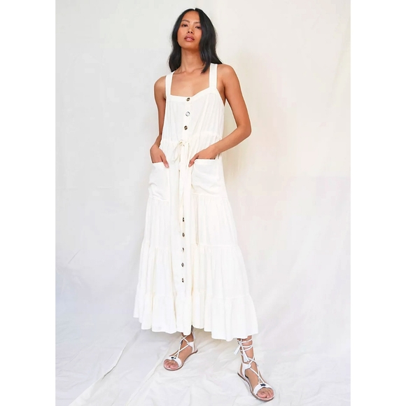 Free People Catch the Breeze Cottagecore Prarie Tiered Linen Midi Dress - Picture 14 of 15